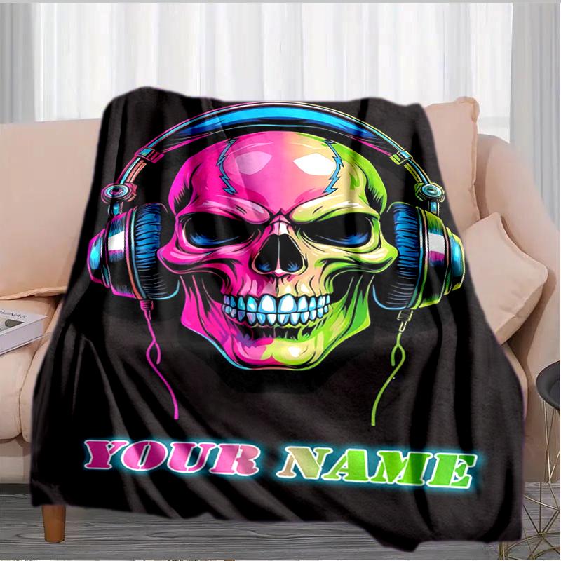 1PC Custom Name Colorful Skull Music Art flannel blanket versatile,all-season throw suitable for the living room,bedroom,camping,travel,and gift