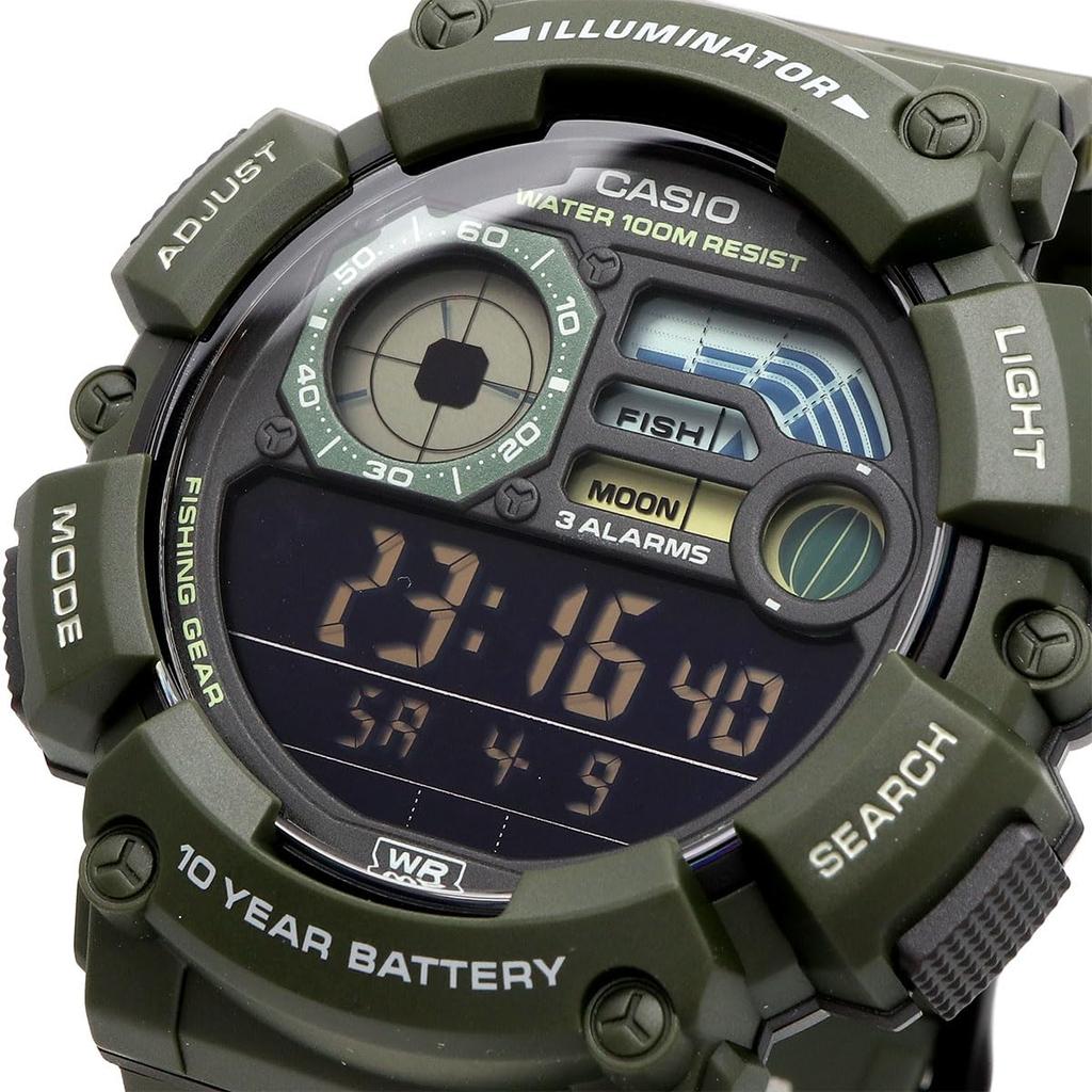 Casio Цифровые мужские часы WS-1500H-3BV с отображением данных о рыбалке и лунных данных, черный инвертированный ЖК-дисплей, армейский зеленый, модель для зарубежного рынка [параллельный импорт]