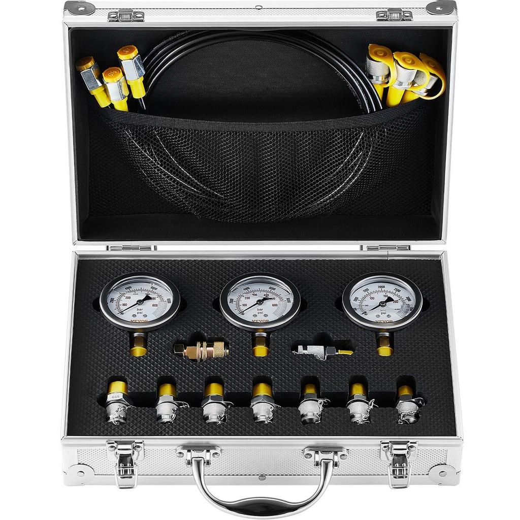 Hydraulic Pressure Test Kit, 250/400/600bar, 3 Gauges 9 Test Couplings 3 Test Hoses, Excavator Hydraulic Test Gauge Set with Portable Carrying Case