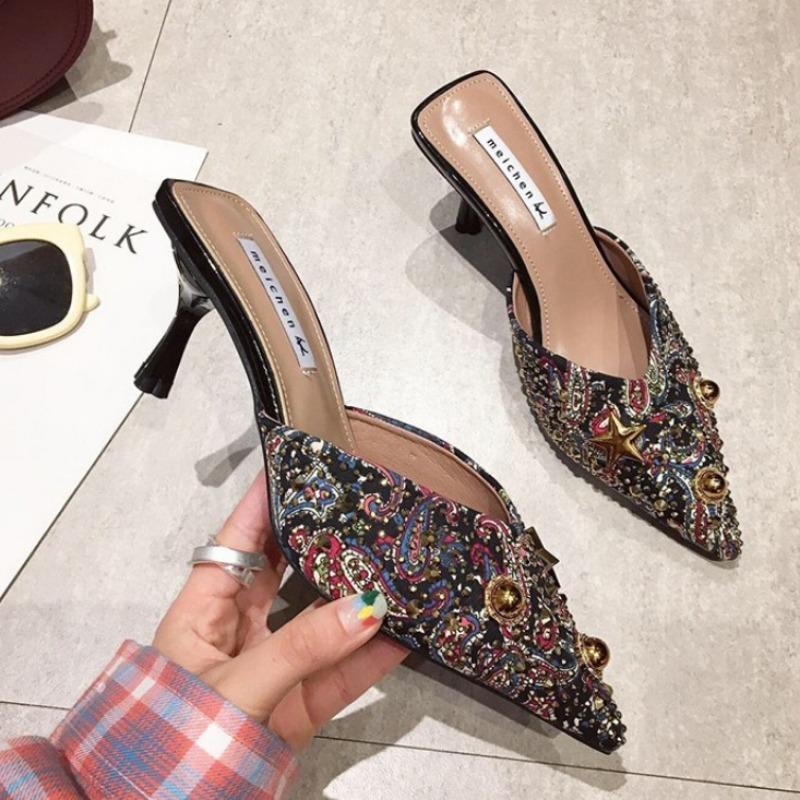 Сандалии с острым носком на каблуке, женские тапочки со стразами, сексуальные туфли со стразами для женщин, по акции, маленький размер 39