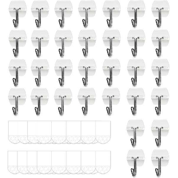 25 Small Hooks +30 Removable Strips, Clear Wire Hanger Hooks, Damage-Free Utility Hooks, Heavy Duty with Adhesive Strips, No Tools Wall Hook for