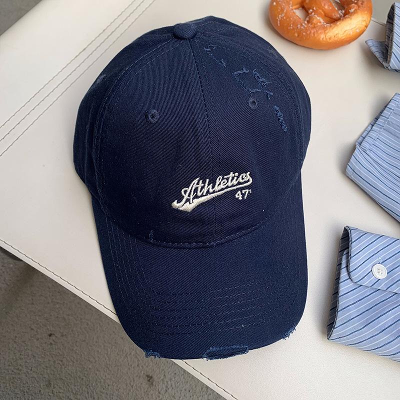Ripped Japanese Versatile Letter Embroidered Baseball Cap Women'S Spring And Summer Soft Top Retro Cap Shows Small Face, Simple And Fashionable