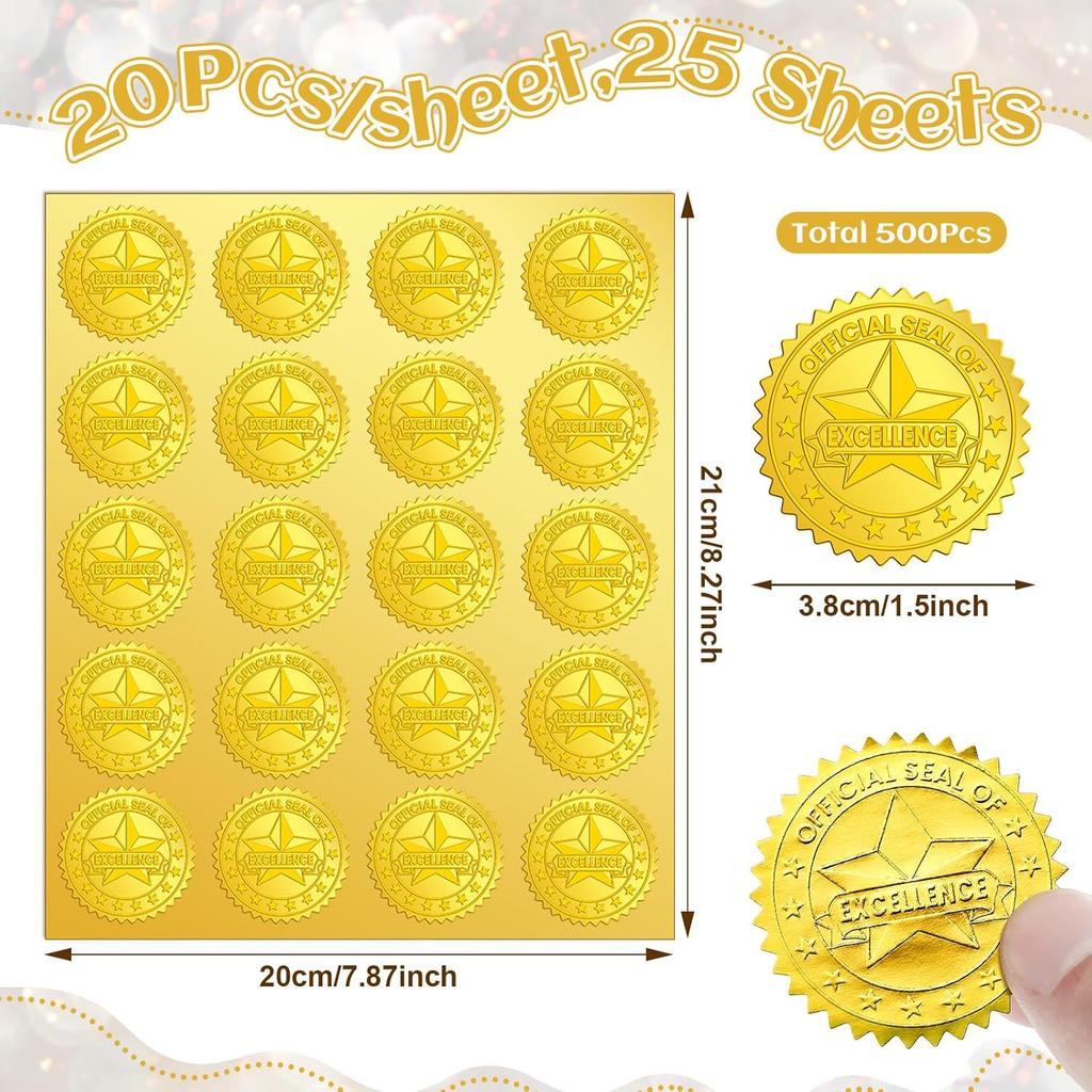 Kosiz 500 Pcs Official Seal of Excellence Embossed Gold Foil Certificate Seals 1.5 Inch Self Adhesive Gold Achievement Award Stickers for Graduation