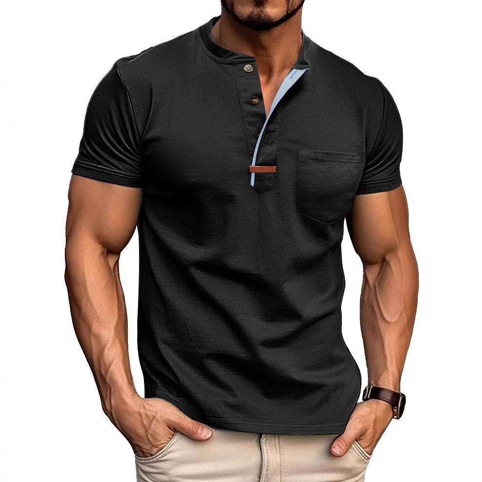 Summer Men's Henry Collar T-Shirts Solid Color Short Sleeve Tees Tops Men