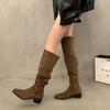 Толстые высокие каблуки, остроносые, облегающие до колена, рыцарские сапоги, женские новые весенне-осенне-зимние сапоги цвета хаки на наборном каблуке в ретро-стиле