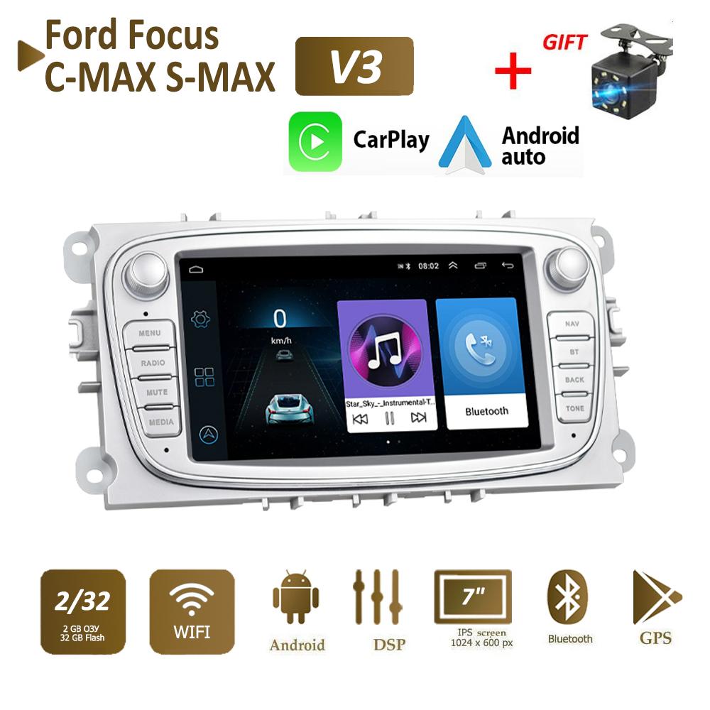 2 DIN Carplay Auto Radio Android Car Multimedia Video Player For Ford Focus Mondeo C-MAX S-MAX Galaxy II Kuga 7" HD Screen Mirror Link GPS 2+32GB