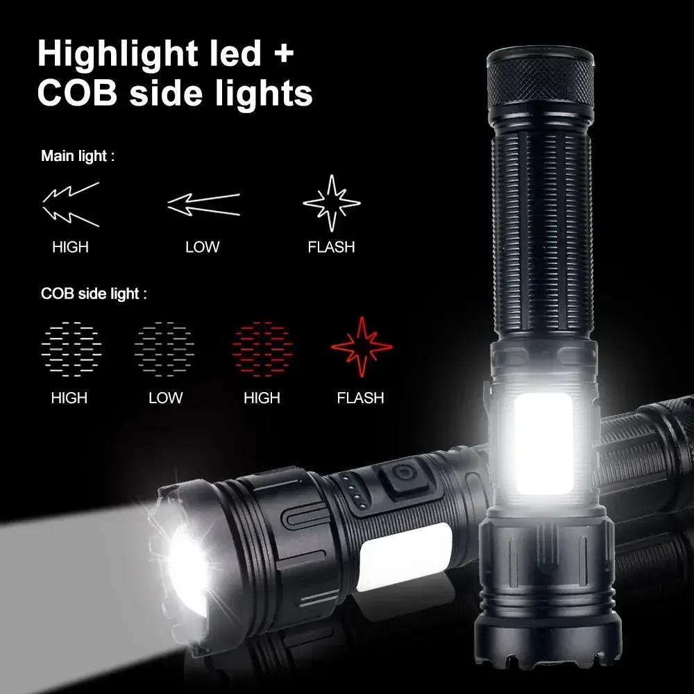 P50 Powerful Flashlight Zoomable Torch With Red Side Lamp Long Range Torch High Power Led Flashlights Rechargeable 7 Modes Lamp