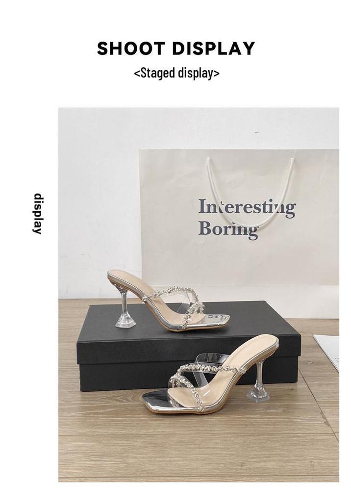 Crystal Rhinestone Thin Heel High Heels Sandals - Women's Fashionable Long Legs Summer Slippers