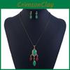 Vintage Pendant Alloy Necklace Earrings Set With Green And Black Resin Gift For