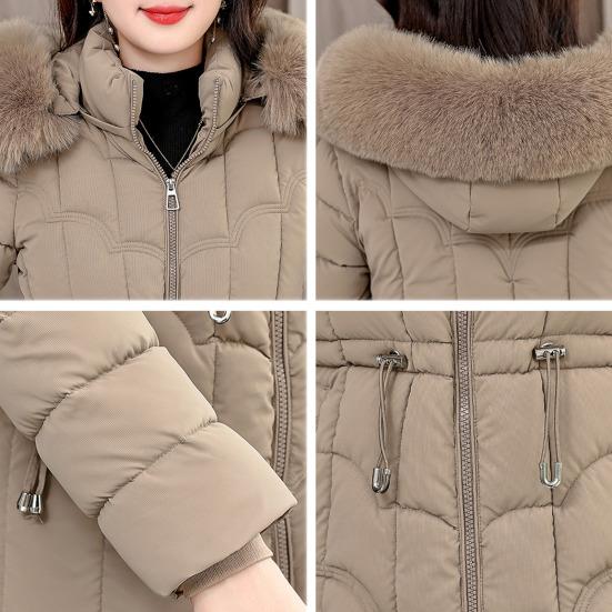 Winter Women Jacket Padded Windproof Cold-proof Zipper Closure Outerwear with Detachable Hood Stand Collar Neck Protection Drawstring Waist Jacket