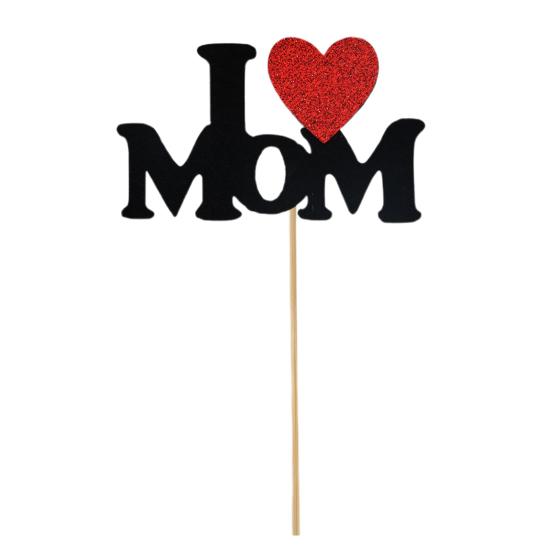 Mother's Day Cake Toppers I Love Mom Cupcake Topper Picks Glitter Hearts Flowers Crown Picks for Mom's Birthday Party Cake Decor