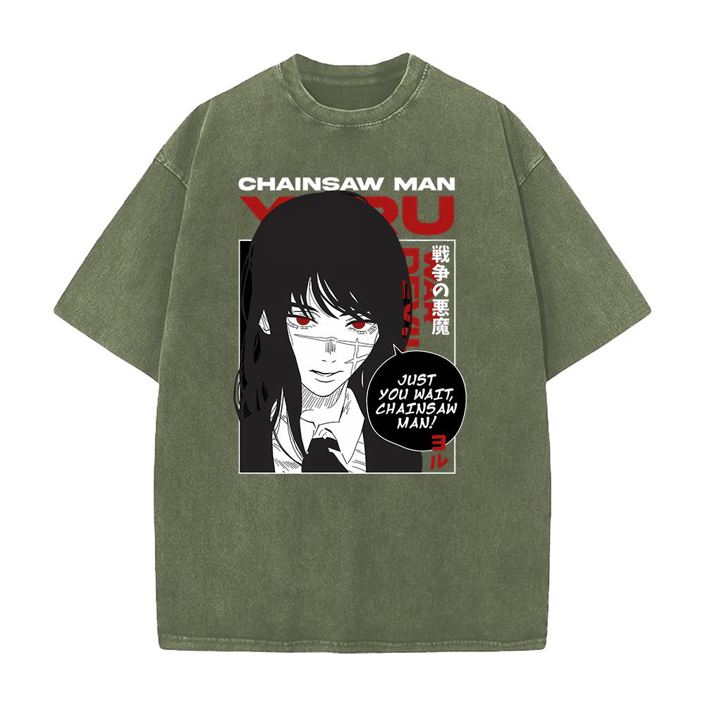 Hot Japanese Yoru Graphic T Shirt Chainsaw Man Anime Vintage Washed T-shirt Men Women Clothes Oversized Polyester Short Sleeve Tee