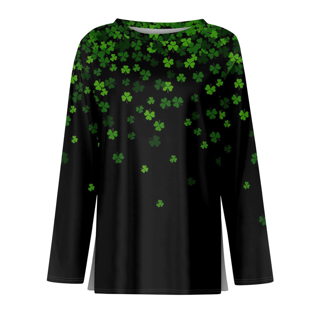 Женская модная повседневная свободная футболка с разрезом и круглым вырезом с длинным рукавом с принтом, женский топ