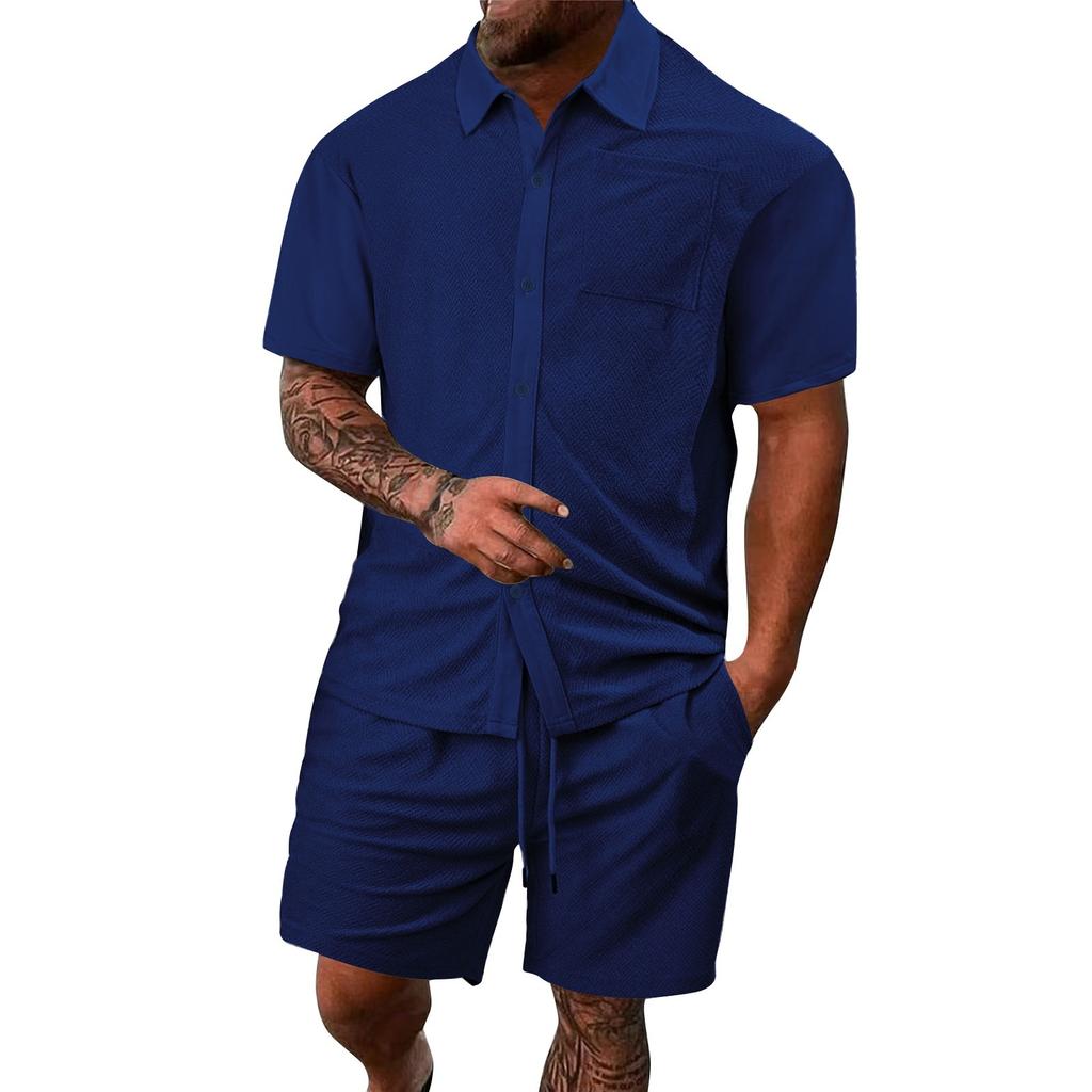 Мужская летняя однотонная рубашка с коротким рукавом, карманом, пуговицами, лацканами и шортами