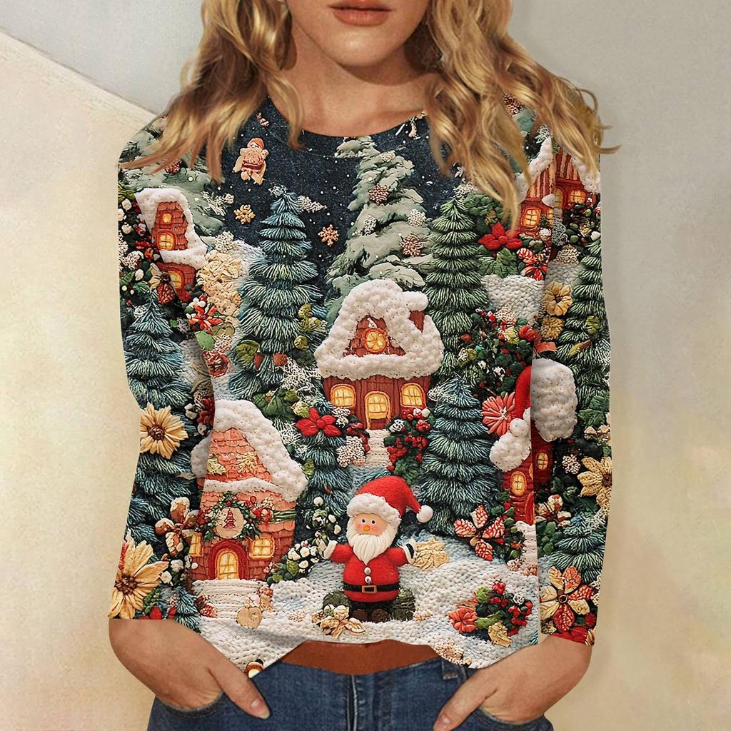 Женская мода повседневный рождественский принт круглый вырез длинный рукав пуловер топ