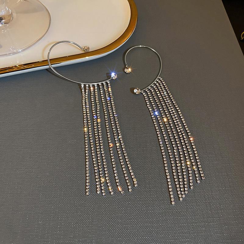 Цепочка с бриллиантовым когтем, подвесные зажимы для ушей с длинной бахромой, холодный ветер, без пирсинга ушей слева и справа, серьги для женщин