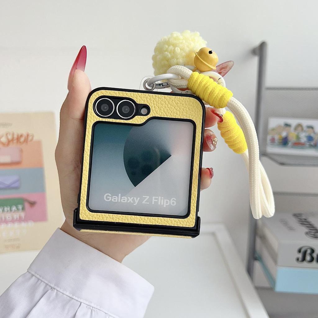 For Samsung Galaxy Z Flip7 FE 5G/Z Flip6 5G Case Cute Dog Hinge Protection Litchi Texture Phone Cover with Wrist Strap