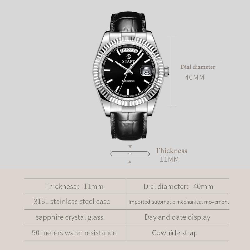 Start Мужские автоматические механические часы со светящимся часовым маркером, модные повседневные мужские часы, кожаные часы с функцией календаря недели