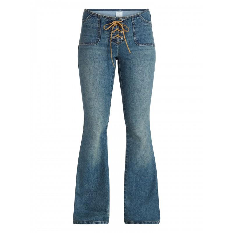 Washed Distressed Slim Flare Jeans Cross Tie Low Waist Stretch Denim Pants Teens Youth