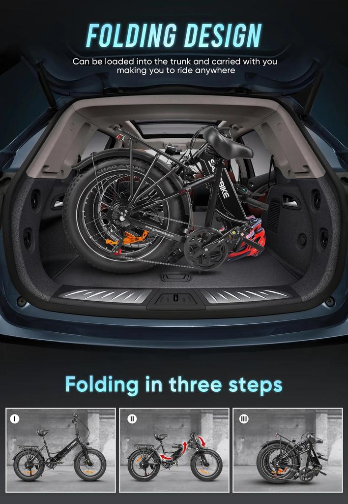 SAMEBIKE LOTDM200-II Folding Electric Bicycle for Adults 20 x 4.0 inch Fat Tire Mountain E-bike With 48V 13Ah Removable Battery