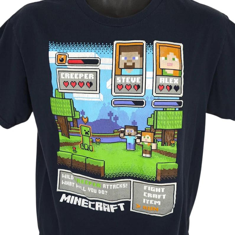 Minecraft 100% Cotton T-shirt Mens Tees Top Mens Size Medium Black Creeper Steve Alex Sandbox Game