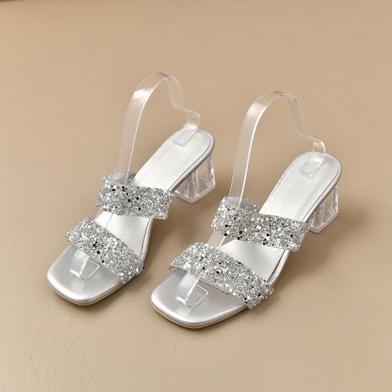 Summer New Rhinestone Crystal Heel Square Head Word Belt Wear High Heel Cool Slippers Anklet