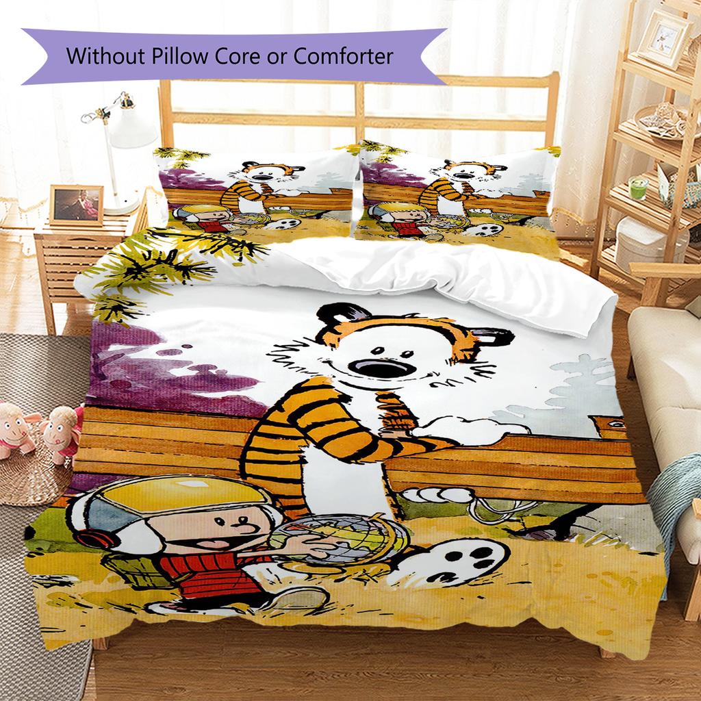 Calvin and Hobbes Pattern Bedding Quilt Set Quilt Cover Pillowcase Home Decoration Gift (1 * duvet cover + 2 * pillowcase, without core)
