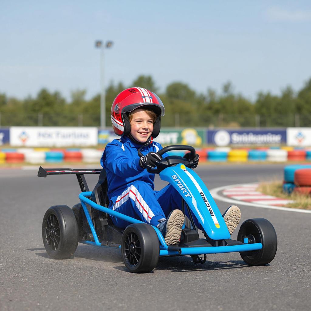 24V Electric Go Kart For Driving And Drifting Nylon Tires Safety Belt Horn Music For 8 12 Years Blue