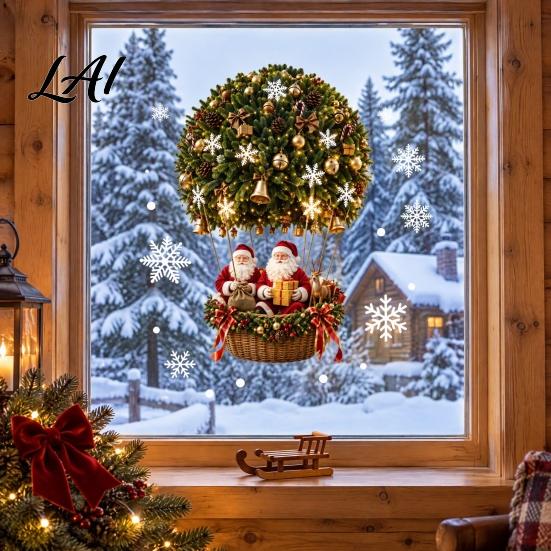 Winter Holiday Decor Christmas Santa Claus and Hot Air Balloon Static Glass Sticker Reusable PVC Theme Window Stickers Clings Removable Snowflake