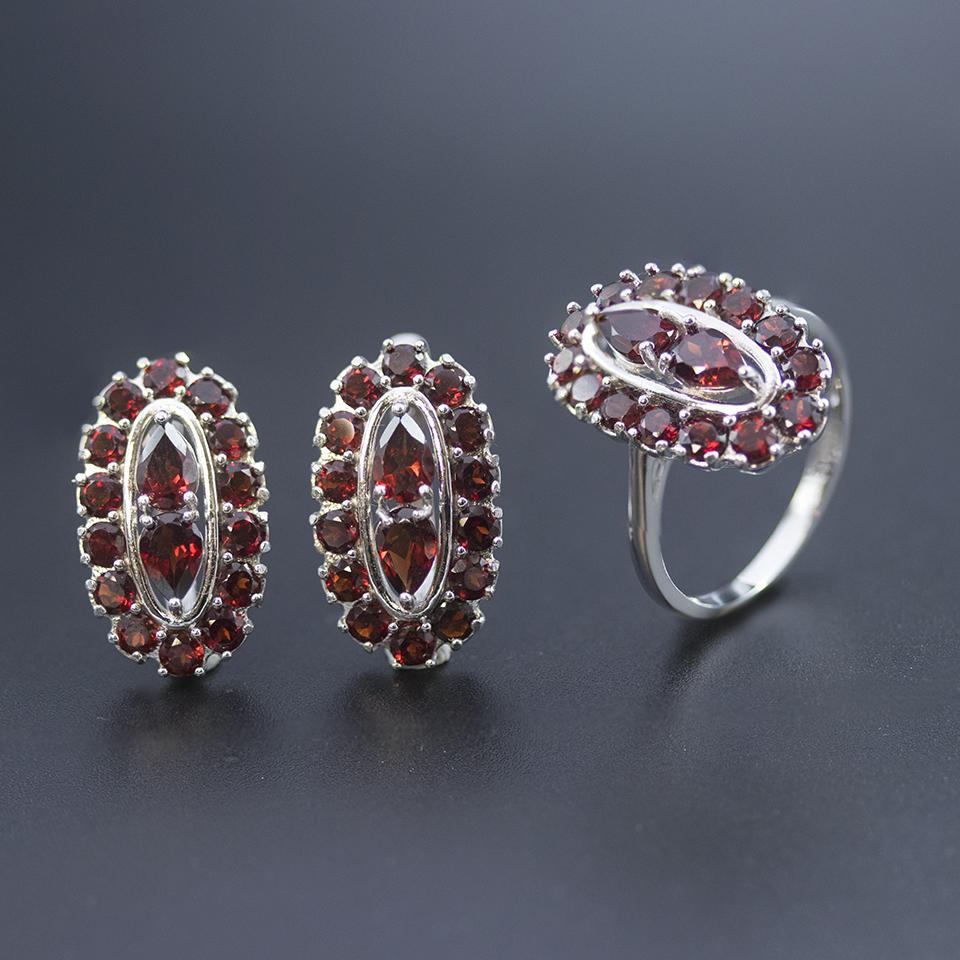 100% Natural Garnet Jewelry Sets Kits 925 Sterling Silver Clasp Earrings Ring Gemstone Jewelry for Women Wedding Birthday Gift