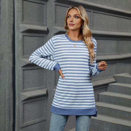 Женские топы с круглым вырезом, длинными рукавами, полосатым принтом, футболка с боковыми разрезами, средней длины, свободный крой, эластичная футболка