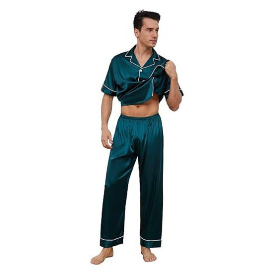 2Pcs/Set Silk Satin Men Pajama Set Notch Collar Button Down Pajama Top with Chest Pocket