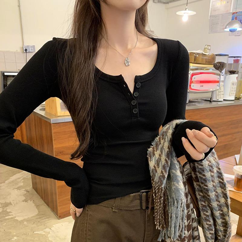 Spice Girl Style Sexy Neck Button Half Open Neck Shirt Women's Spring Slim Skinny Shoulder Long Sleeve Top Bottom