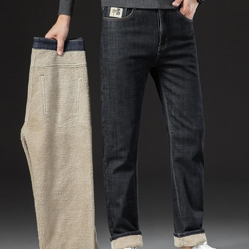 Мужские джинсы с подкладкой из овечьей шерсти, свободные, прямые, осенние и зимние модели, утолщенные, теплые, повседневные мужские брюки