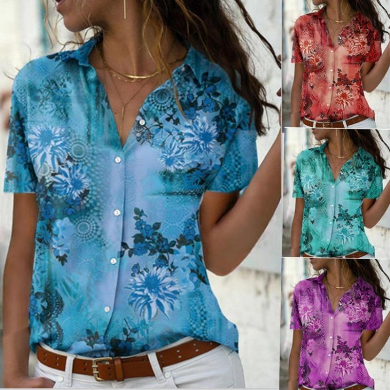 Летние новые повседневные свободные блузки с коротким рукавом с принтом, женские облегающие топы, модные рубашки больших размеров для женщин, винтажная женская рубашка с пуговицами и лацканами 26619