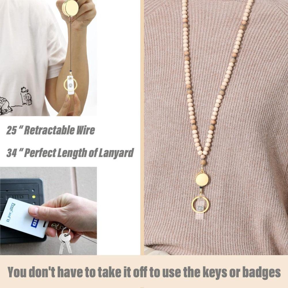 Multi-function Lanyards for ID Badge Keys 8mm Natural Beads Retractable Lanyards Id Badge Holder