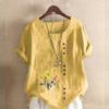 Women's Fashion Flowers Prined Round Neck Short Sleeve T-shirt Casual Cotton Linen Graphic Shirt Leisure Loose Summer Blouse Tops