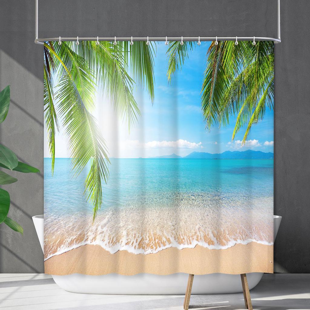 Shower Curtain Waterproof And Mildew-Proof Coconut Tree Beach Beach Bathroom Shower Curtain Shower Curtain Partition Curtain Free Punching