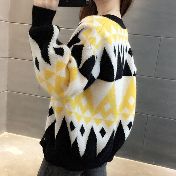 Vintage Spring Autumn Women's Color Block Checked Cardigan Sweater Loose  Short Knit  Jacket Coat