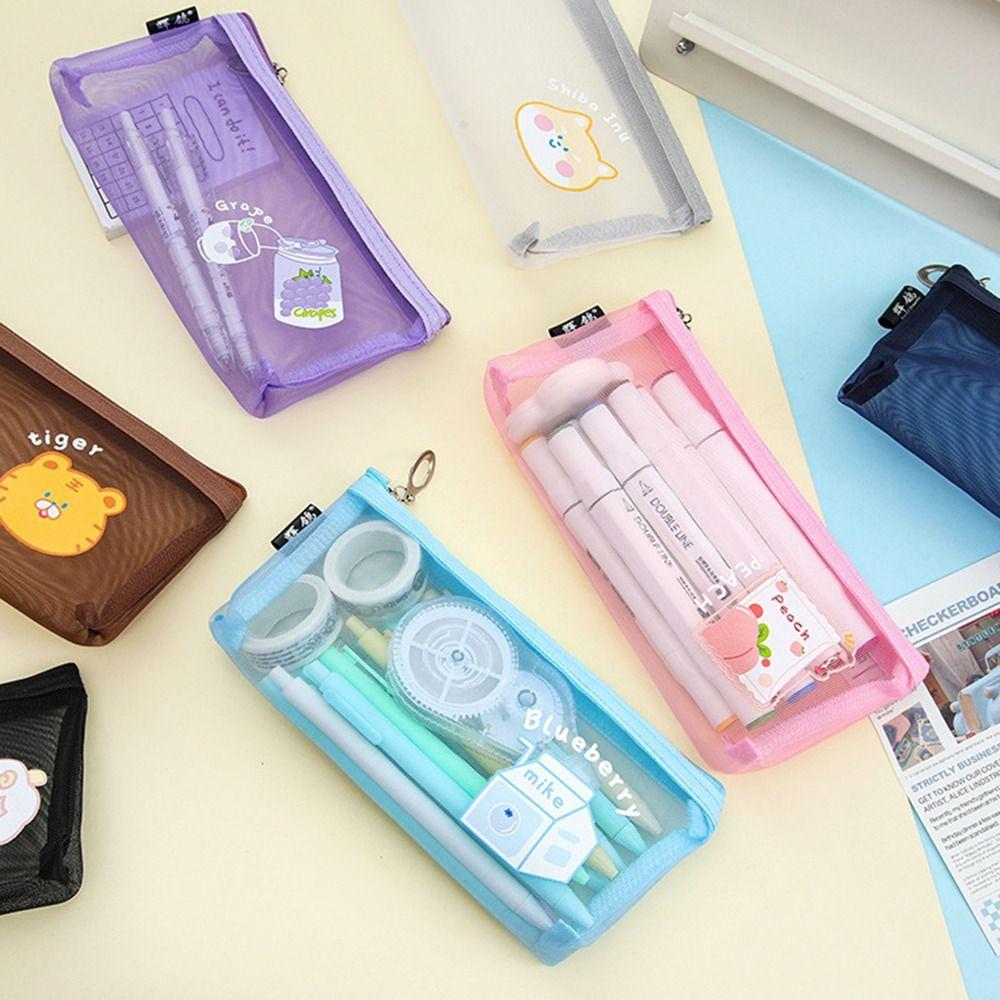 Creative Mesh Pencil Case Cartoon Cosmetic Storage Bag Simple Stationery Storage Bag School