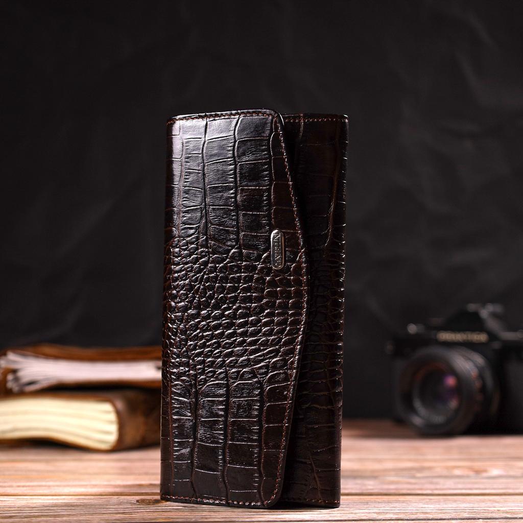 Fashionable Wallet for Women Made of Genuine Textured Leather with Crocodile Embossing CANPELLINI 21726 Brown