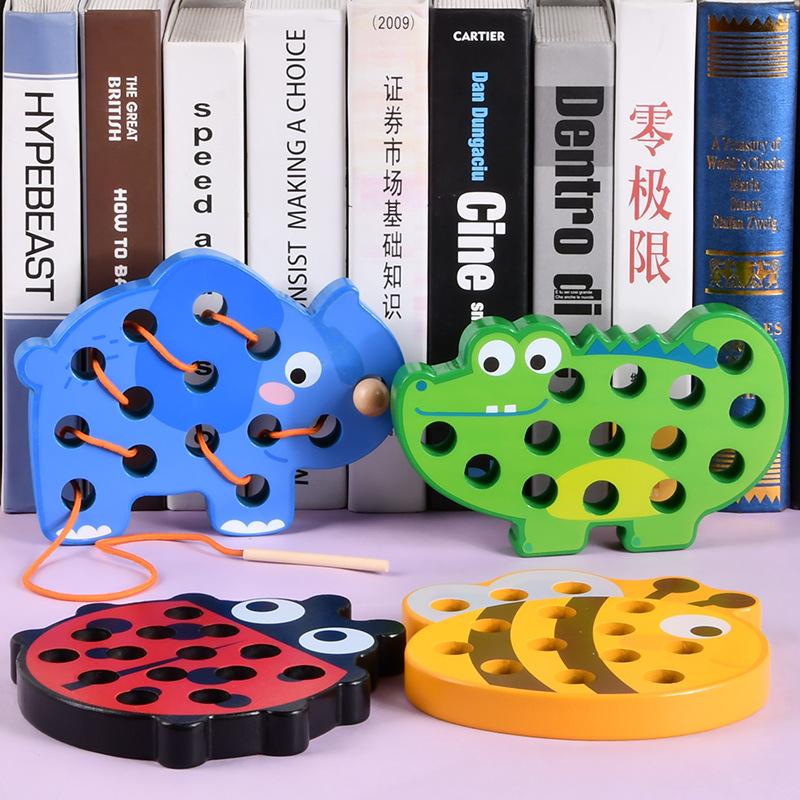 Детская деревянная игра с верёвкой для животных, раннее образование, мелкая моторика животных, обучающая доска для нанизывания ниток