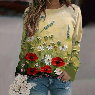 Элегантный женский топ с круглым вырезом и длинным рукавом, новая осенняя толстовка с длинным рукавом с 3D-цветочным принтом, свитшот, женская одежда больших размеров