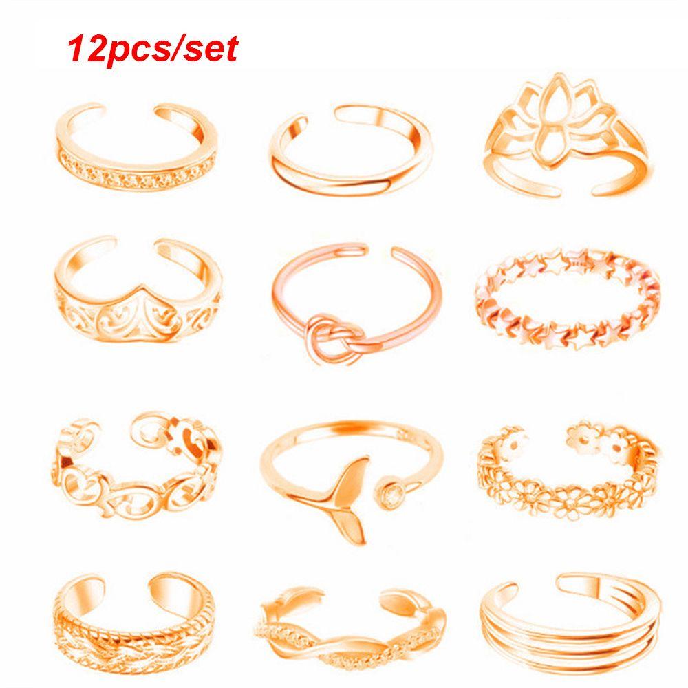 12pcs/set Open Girls Adjustable Beach Joint Finger Rings Tail Ring Toe Ring Set Foot Ring