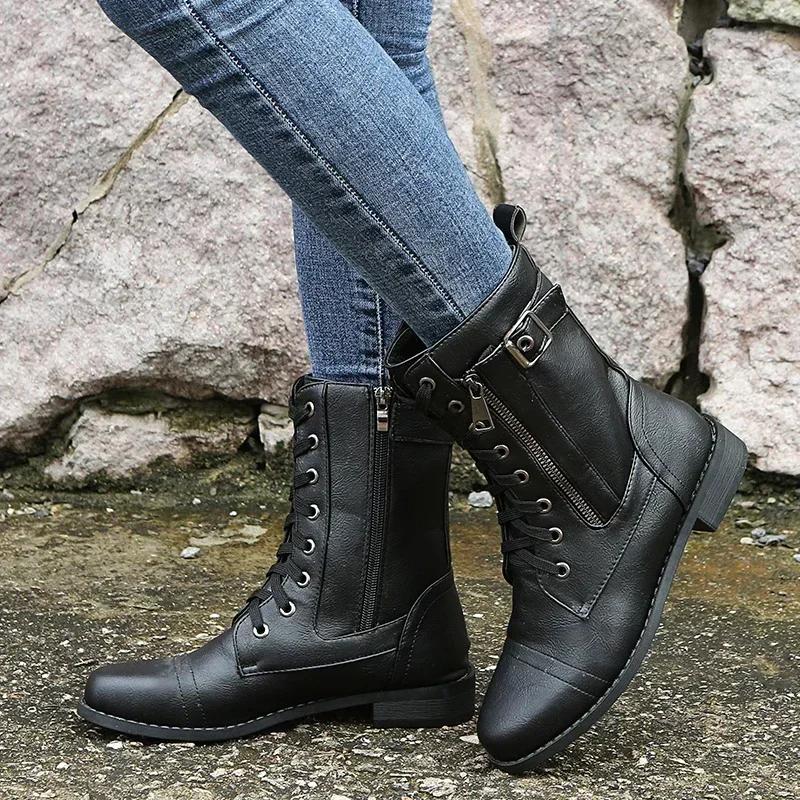 Fashion 2024 New Plus Size Retro Women Western Boots Punk Lace Up Buckle Motorcycle Boots Zipper Mid Calf Boots Ladies Short Botas