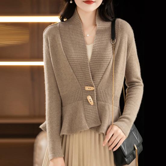 Women Sweater Coat V-Neck Long Sleeve Ruffle Hem Knitting Sweater Solid Color Slim Fit Waist Tight
