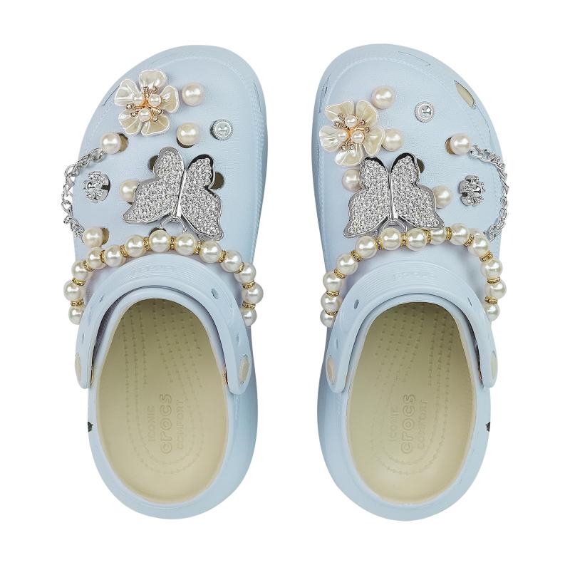 Crocs Crush Clog Spring Butterfly Letter EVA Butterfly Deconstructed Natural Fresh Pearl Decorative Buckle Hole Shoes Unisex Light Blue