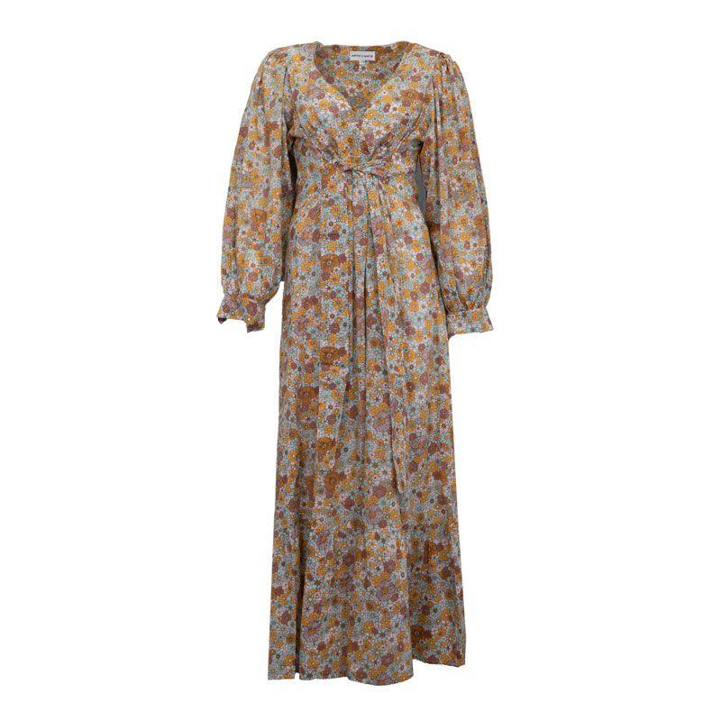 Women's Floral Marty Dress with V-neck and Draped Detail by ANTIK BATIK