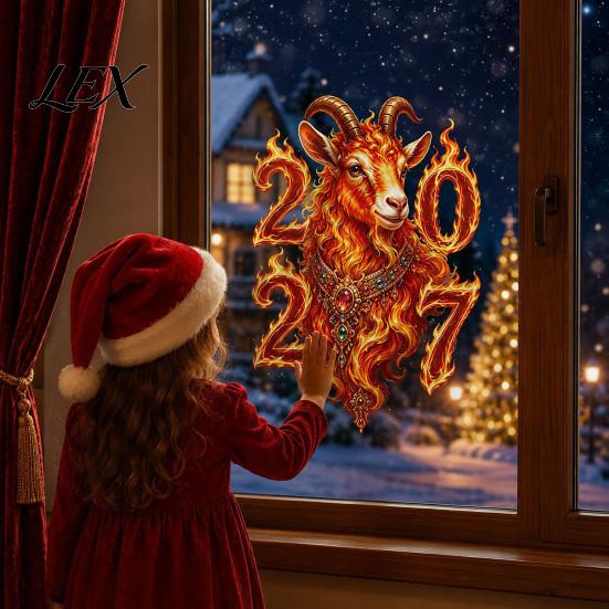 Removable PVC Glass Film Chinese New Year Window Decoration, 2027 Goat Static Clings, Zodiac Non-Adhesive Decoration Decals, Reusable Lunar Christmas