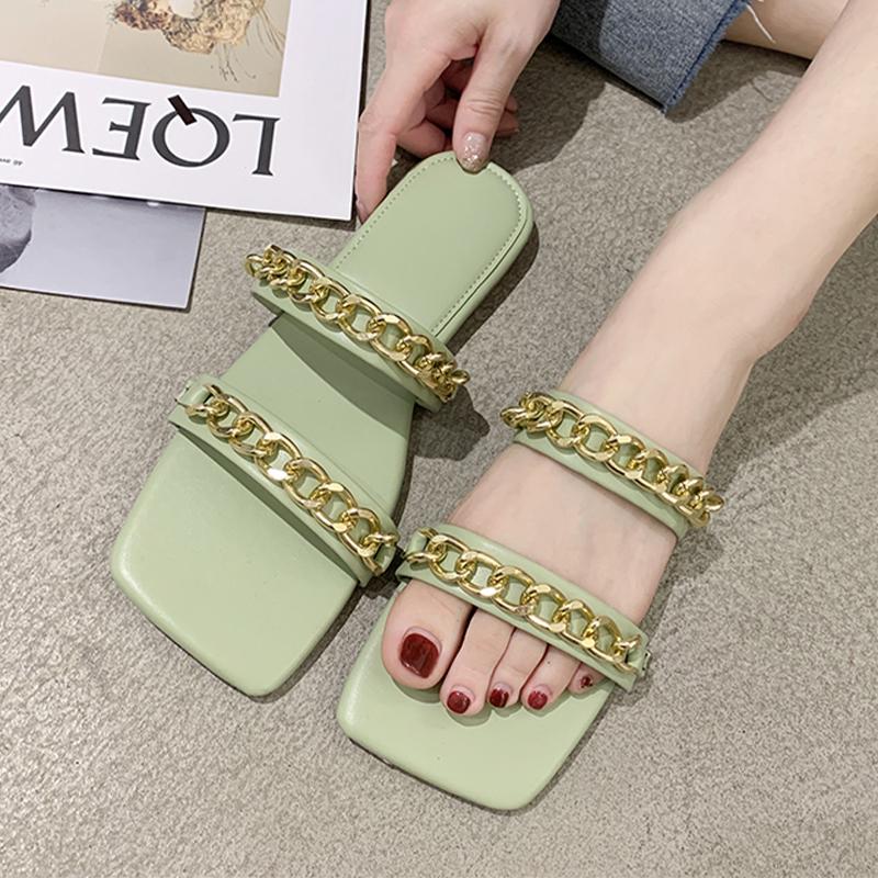 Chain Women Flats Slippers Designer Sandals New Square Toe Shoes Slingback Ladies Slides Summer Casual Women Flip -Flops
